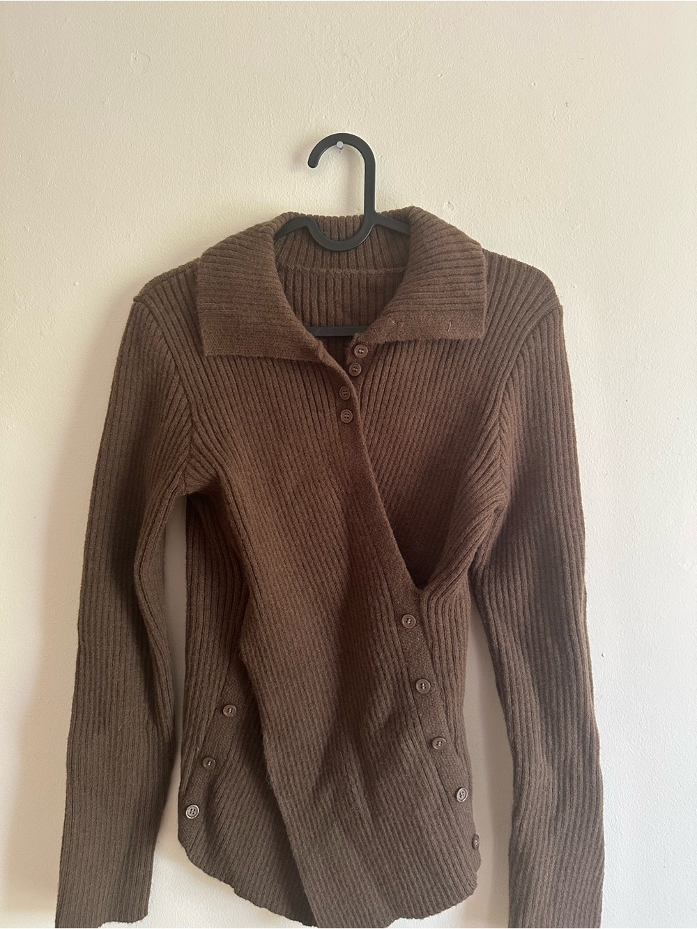 Cider Brown Ribbed Button-Front Collared Cardigan
